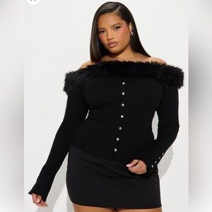 Brand New Black Off-Shoulder Dress with Faux Fur Trim